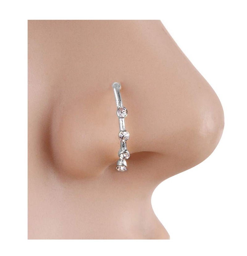 Greendou Fashion Jewelry Gold/Silver Thin Four Diamond Clear Crystal Nose Ring Stud Hoop-Sparkly Crystal Nose Ring (Silver) - Image 1